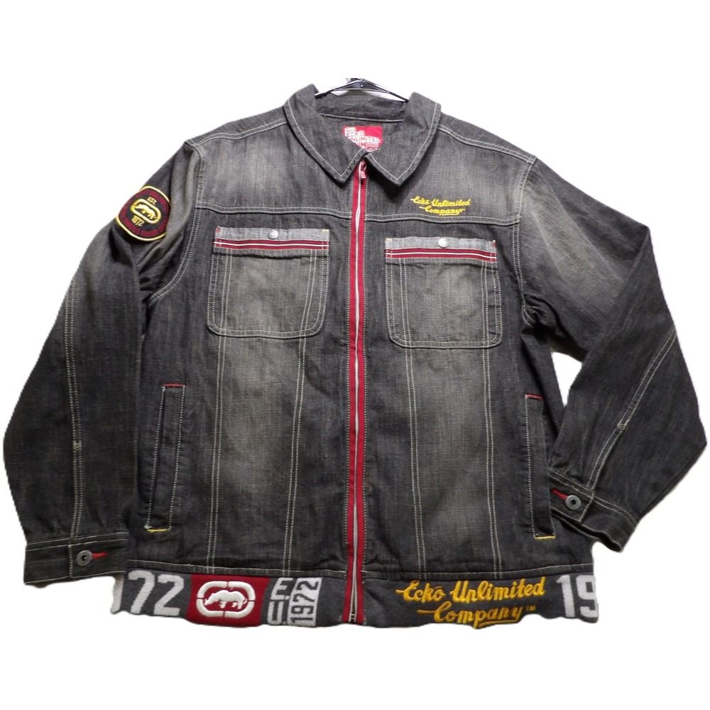 VTG Y2K Ecko Unlimited Denim Jacket Men XL Black Full Zip Rhino Logo Streetwear